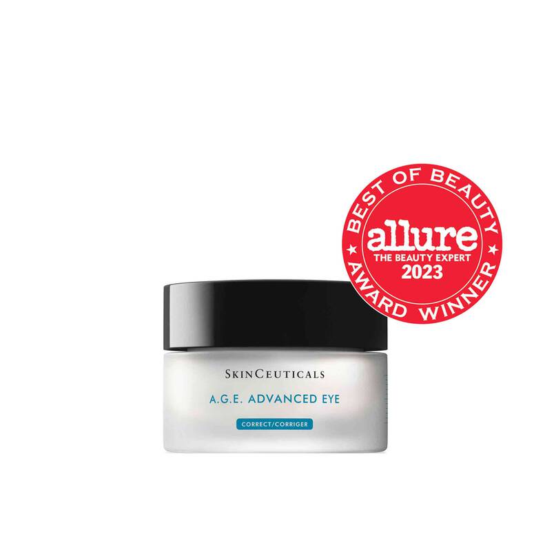 SkinCeuticals A.G.E. Advanced Eye in a sleek black jar with silver lid, an anti-aging eye cream clinically formulated to reduce wrinkles, puffiness, and dark circles.