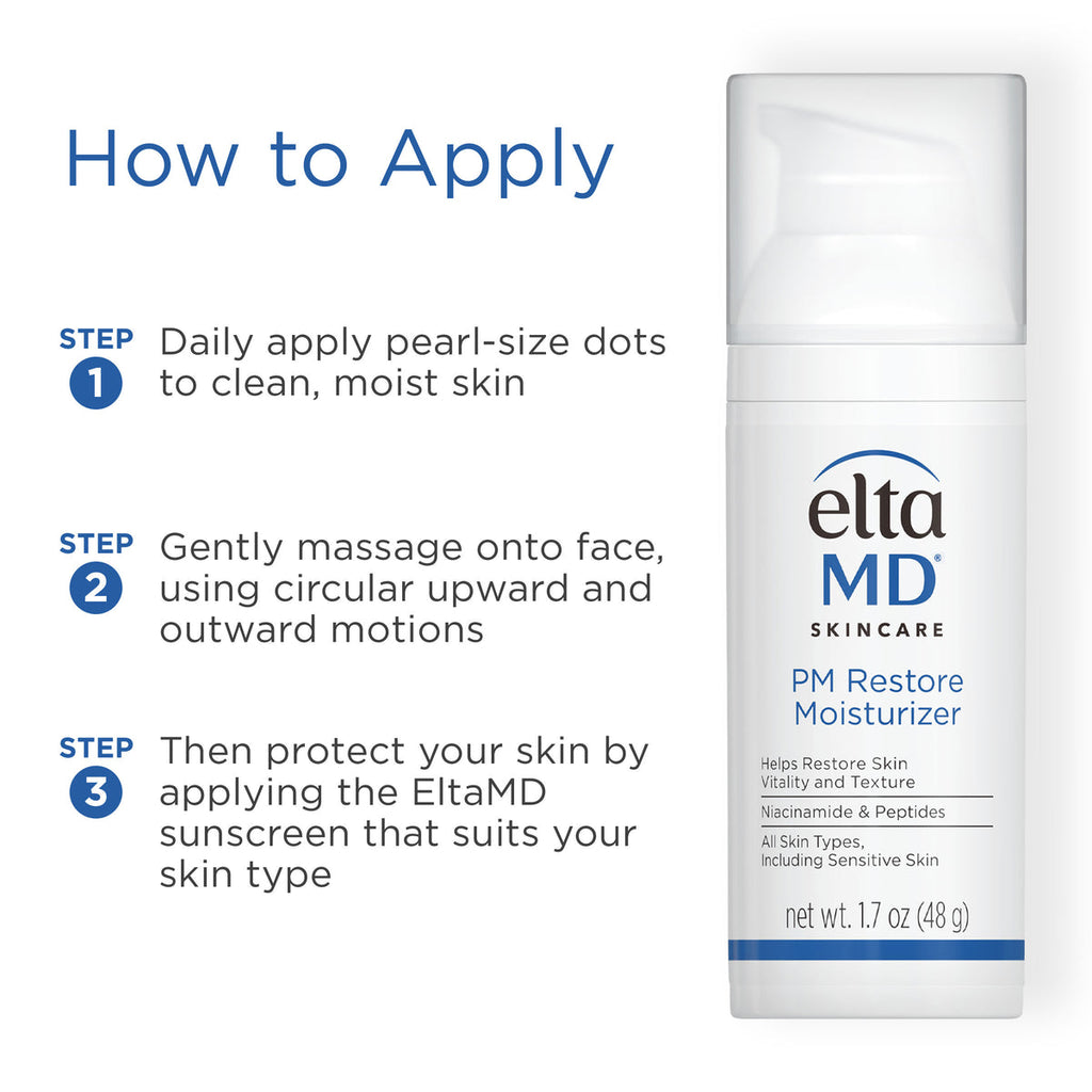 How to use EltaMD PM Therapy Facial Moisturizer – apply a thin layer before bedtime to strengthen the skin barrier and reduce fine lines