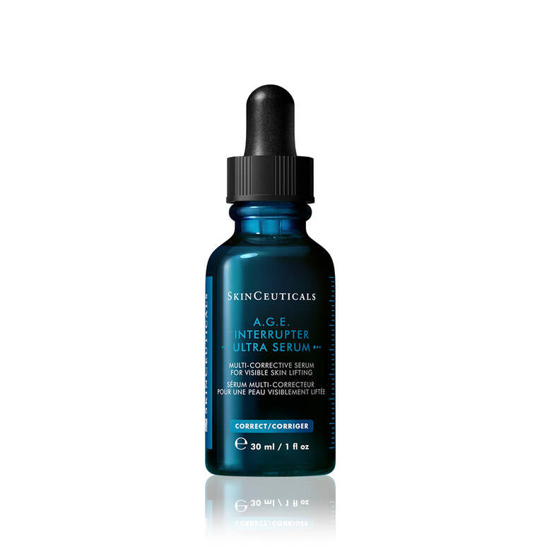 SkinCeuticals A.G.E. Interrupter Ultra Serum bottle placed beside clean towel and skincare essentials, part of a firming and smoothing routine.